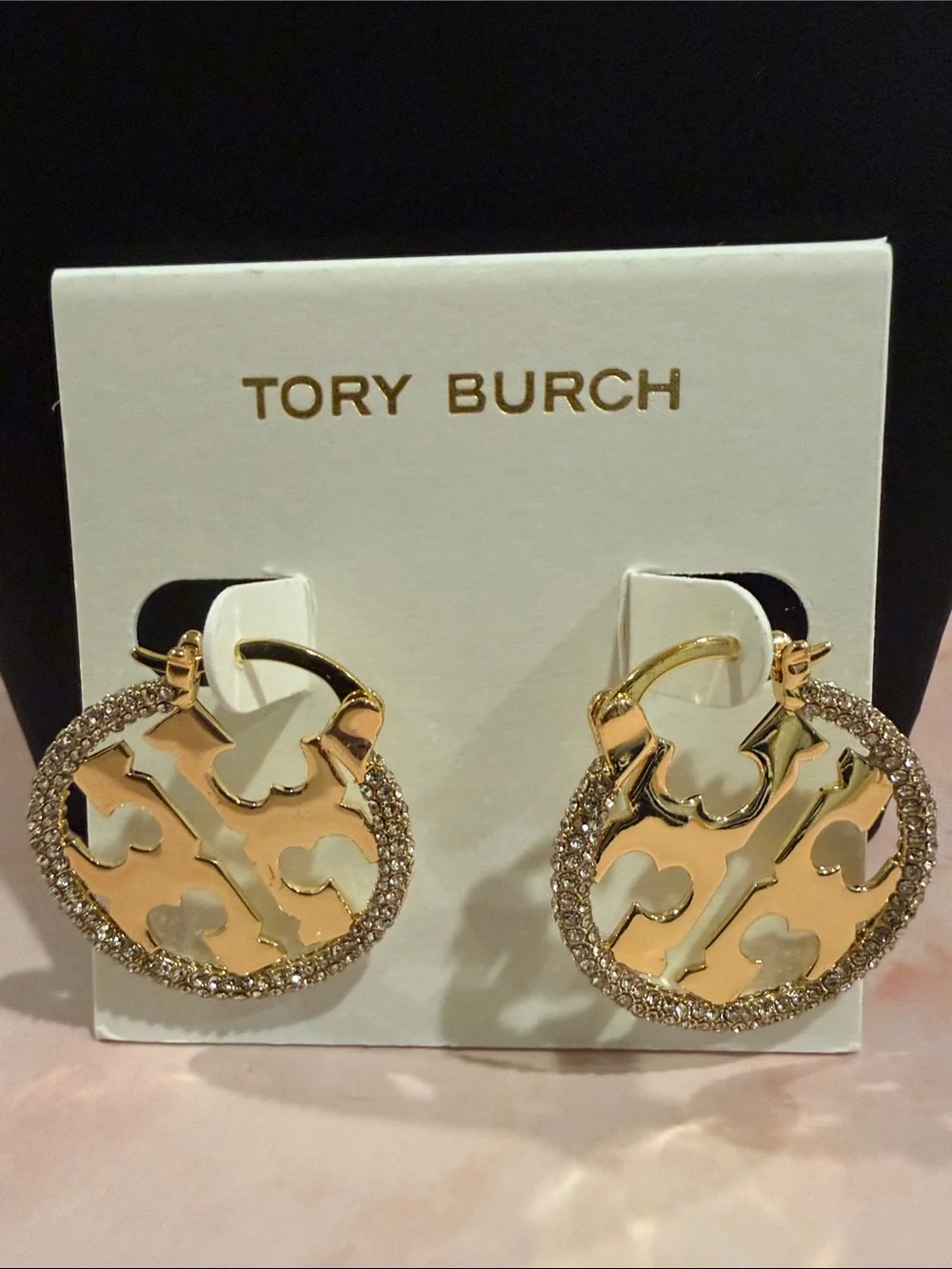 Tory Burch | Gold Plated Logo Crystal-Trim Hoop Earrings